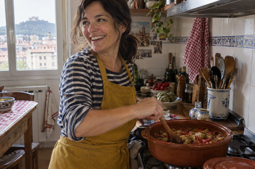Marta Iribarren removiendo una cazuela en su cocina