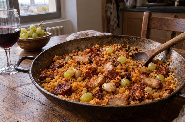 Migas de pastor con chorizo y uvas