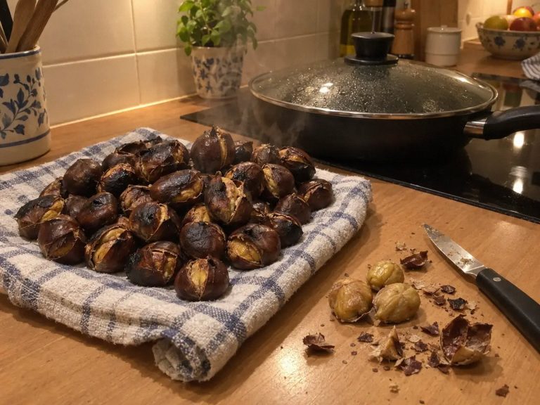 Castañas asadas en sartén, sin sartén de agujeros